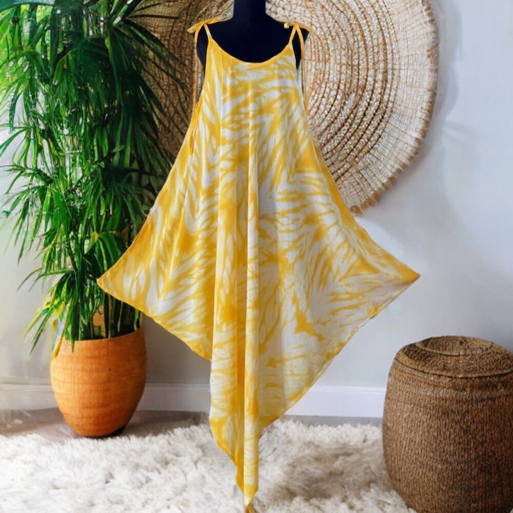 Yellow Hand Tie Dyed Tapered Bottom Sun Dress (#21)